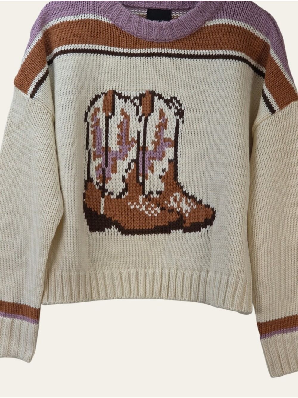 Lumiere Cowboy Boot Knit Sweater Cream Western Size Large NWT